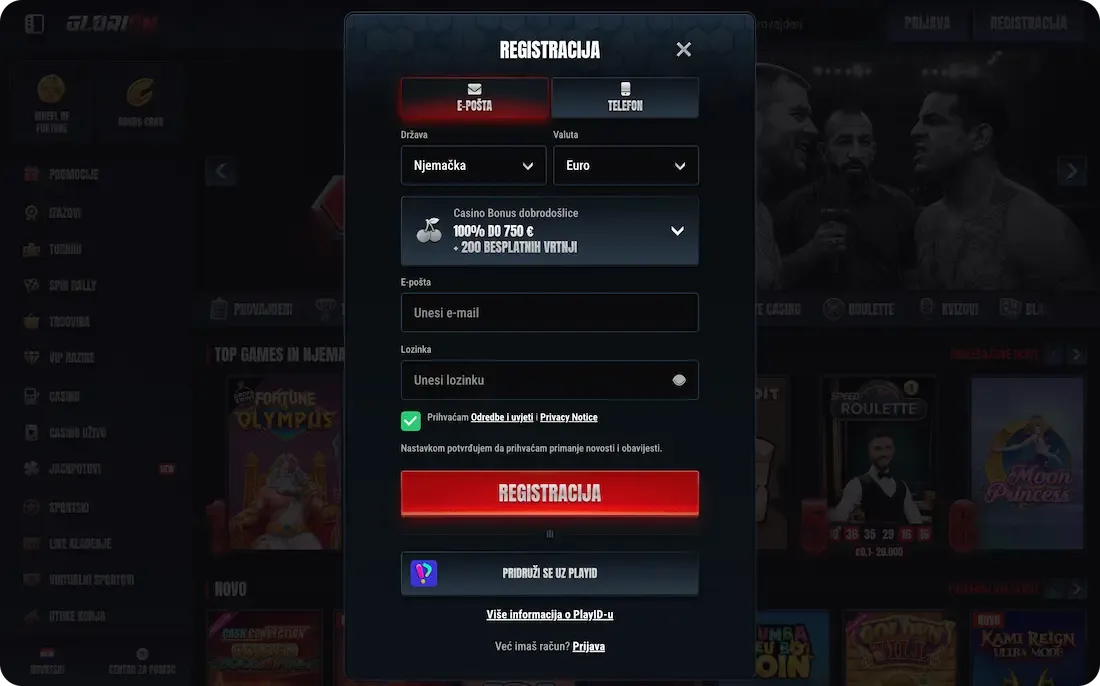glorion casino registracija