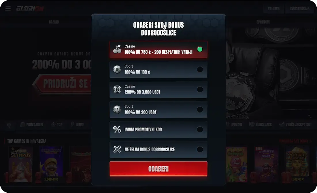 glorion casino bonus dobrodošlice